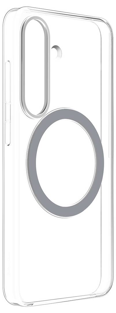 Transparente Handyhülle mit kreisförmigem MagSafe-Design, geeignet für Smartphones mit vertikaler Kameraleiste oben links.