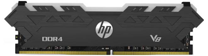 Ein schwarzer HP V8 DDR4 RAM-Modul mit elegantem Wärmeableitungsdesign, der Verbindungsstifte am unteren Ende für den Computereinbau zeigt.
