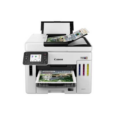 Ein moderner Multifunktionsdrucker druckt Fotos. Ein Bedienfeld mit Touchscreen zeigt verschiedene Symbole und Optionen.