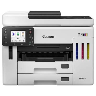 Ein weißer Multifunktionsdrucker mit Touchscreen-Display, darauf sind Funktionen wie 'Kopieren' und 'Scannen' sichtbar.