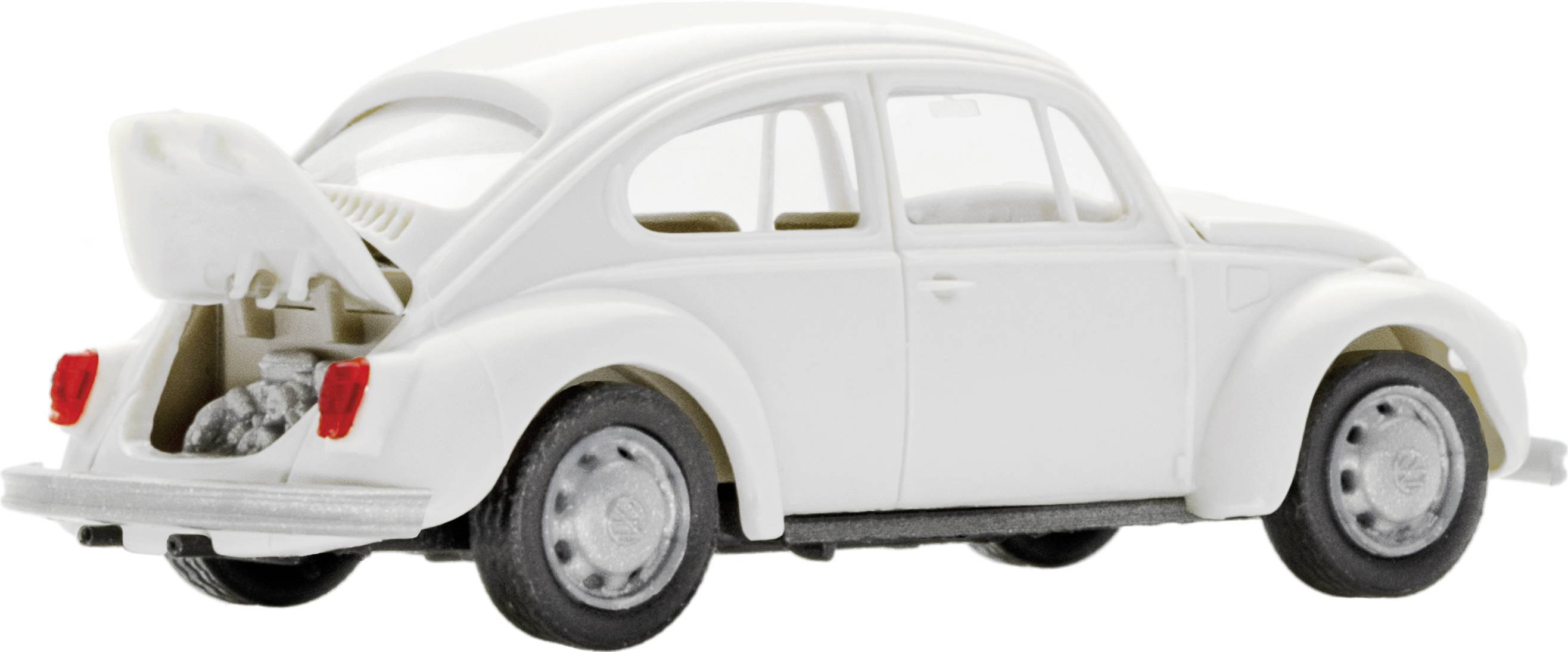 Ein weißes Modellauto eines klassischen VW Käfer mit geöffnetem Kofferraum, von hinten und leicht seitlich betrachtet.