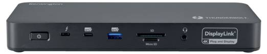 Thunderbolt-Dockingstation mit mehreren Anschlüssen: USB-C, USB-A, HDMI, SD-Kartenleser. Markierung 'DisplayLink 4K'.