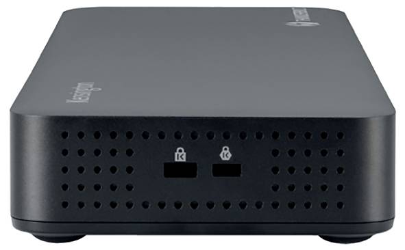 Externe Festplatte mit Kensington-Schlossanschlüssen an der Vorderseite. Schwarzes, rechteckiges Gehäuse mit Lüftungsschlitzen.