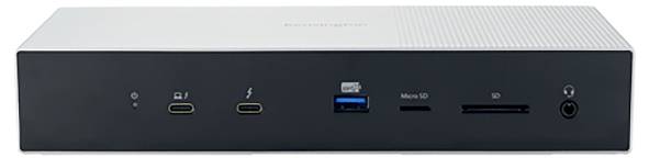 Eine Dockingstation mit mehreren Anschlüssen: zwei USB-C, ein Thunderbolt, ein USB-A, Micro-SD, SD-Kartenleser und Netzteilanschluss.