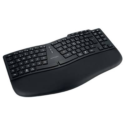Ergonomische schwarze Tastatur mit geteiltem Design und Handballenauflage, geeignet für komfortables Tippen.