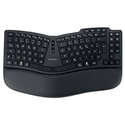Ergonomische Tastatur mit geteiltem Design und gepolsterter Handballenauflage, bietet Komfort und reduziert Belastungen beim Tippen.
