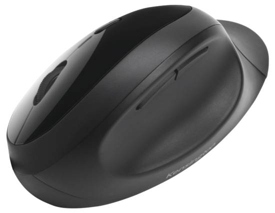 Ergonomische schwarze Computermaus mit vertikalem Design zur Reduzierung von Handgelenksbelastung, seitliche Tasten sichtbar.