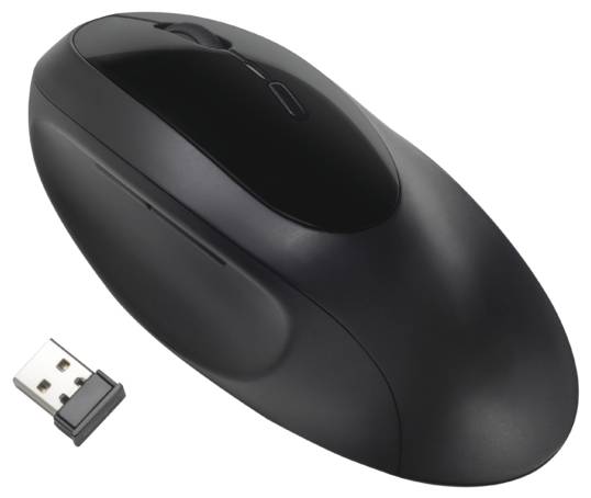 Eine schwarze kabellose Computermaus neben einem USB-Empfänger, vor einem weißen Hintergrund.