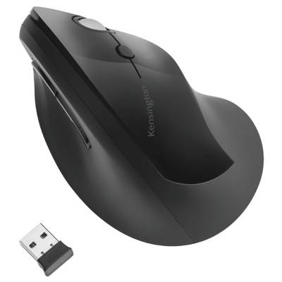 'Schwarze drahtlose vertikale Computermaus mit ergonomischem Design, inklusive USB-Empfänger.'