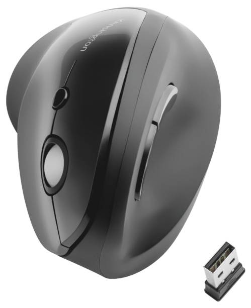 Schwarze kabellose Computermaus mit ergonomischem Design und USB-Empfänger, geeignet für komfortables Arbeiten am Computer.