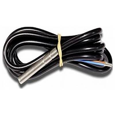 Ein schwarzes Kabel mit einem silbernen Metallende und offenen Drähten, umwickelt mit einem Gummiband.