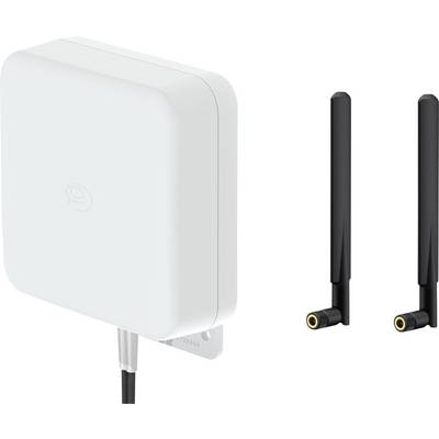 Weißes, quadratisches, elektronisches Gerät mit Kabel, daneben zwei schwarze Antennen.
