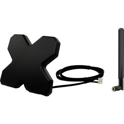 Schwarze X-förmige Antenne mit Kabel, begleitet von einer schwarzen Stabantenne. Geeignet für drahtlose Netzwerkverbindungen.
