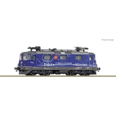 Eine blaue Lokomotive mit der Aufschrift 'Zürich-München' und '3,5 Stunden'. Sie trägt ein Symbol mit 'NEU 2024'.