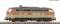 Ein Modellzug der Deutschen Bahn, orange und grau, auf einem Gleis. Die Lokomotive hat die Nummer 218 314-6, aufgenommen als Photomontage.