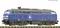 Ein Modellzuglok in Blau mit der Aufschrift 'PRESS'. Sie steht auf Gleisen, das Design deutet auf eine Diesellokomotive hin.