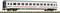 Ein weißer Modellbahn-Personenwagen mit roten Streifen steht auf einem Gleis. Der Wagen hat schwarze Fensterrahmen und graue Details.