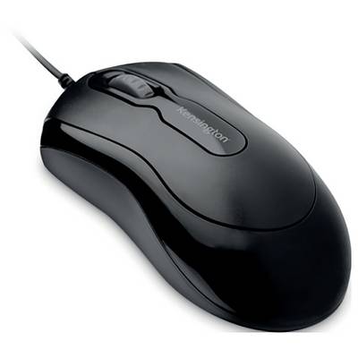 Eine schwarze kabelgebundene Computermaus mit Scrollrad auf weißem Hintergrund.
