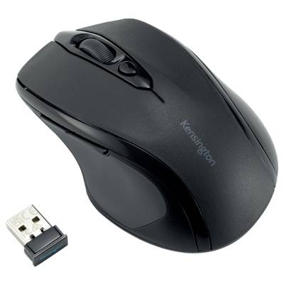 Kabellose schwarze Computermaus mit abnehmbarem USB-Receiver, geeignet für den Einsatz am Computer.