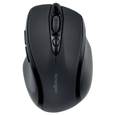 Schwarze, kabellose Computermaus von Kensington mit ergonomischem Design, Scrollrad und zwei primären Tasten, Ansicht von oben.