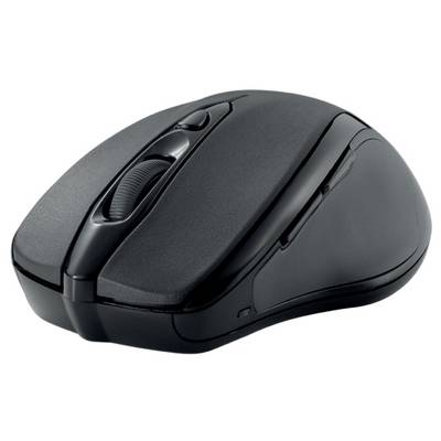Eine schwarze, kabellose Computermaus mit Scrollrad und zwei Haupttasten, geeignet für den alltäglichen Gebrauch an Computern.