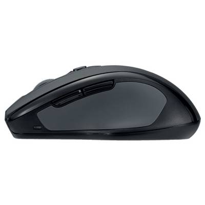 Schwarze kabellose Computermaus seitlich betrachtet, zeigt ergonomisches Design mit mehreren Tasten für erweiterte Funktionen.