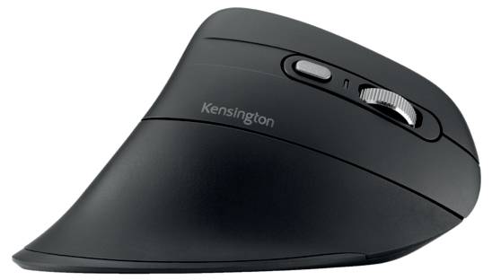 Schwarze ergonomische kabellose Maus mit seitlichem Scrollrad und zwei Tasten.