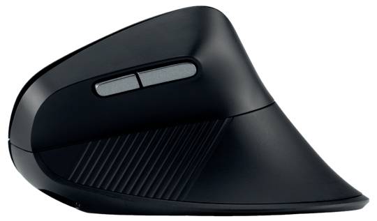 Schwarze, ergonomische vertikale Maus mit zwei seitlichen Tasten, entworfen zur Reduzierung von Handgelenksbelastung.
