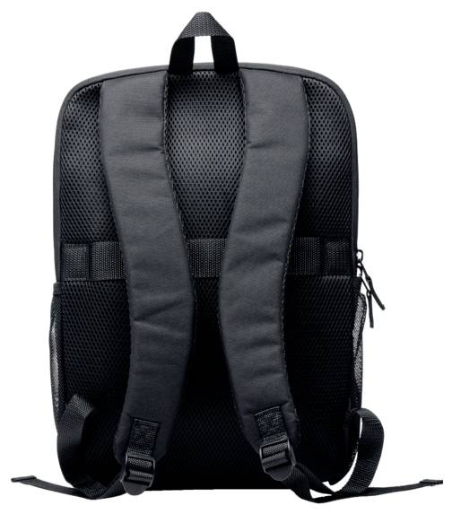 Ein schwarzer Rucksack mit gepolsterten Trägern und Netz-Seitentaschen, gezeigt von hinten.