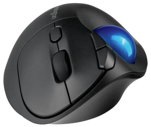 Ergonomische schwarze Trackball-Maus mit blauer Kugel, zwei Haupttasten und Scrollrad, geeignet zur präzisen Handsteuerung.