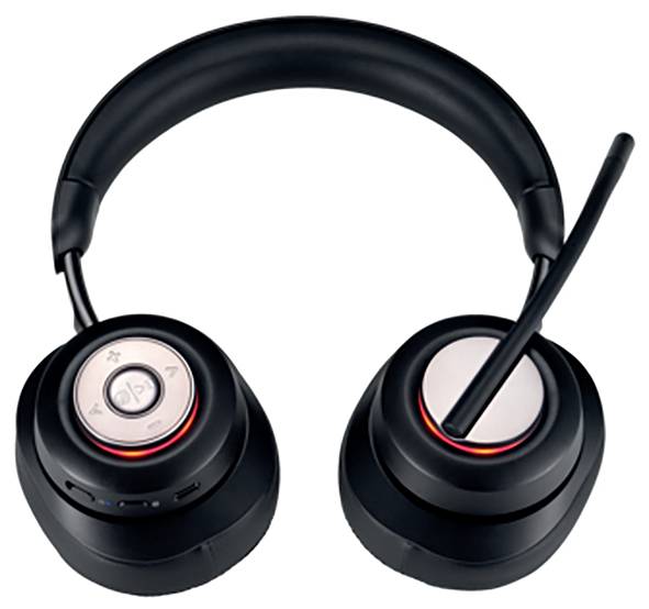 Schwarzes kabelloses Headset mit Mikrofon. Bügel und Ohrpolster sind gepolstert; Tasten an der Ohrmuschel zum Steuern der Lautstärke.