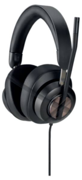 Schwarzer Over-Ear-Kopfhörer mit Mikrofon, Kabel verbunden. Ideal für PC-Anwendungen wie Gaming, Telefonate oder Videoanrufe.