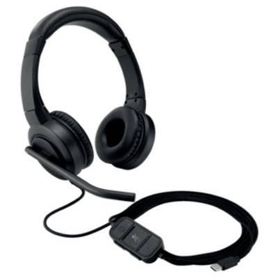 Schwarzes, kabelgebundenes Headset mit Mikrofonarm und Bedienelementen am Kabel, das für Audioanrufe und Online-Kommunikation geeignet ist.