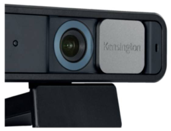 Webcam mit Linsenschutz und 'Kensington'-Logo.