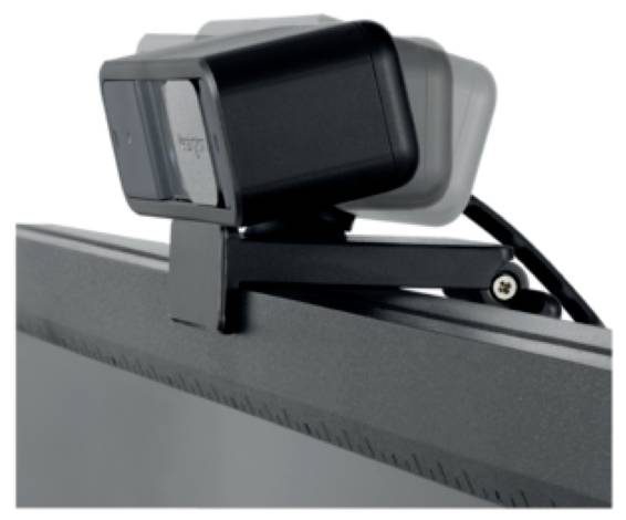 Eine schwarze Webcam ist oben auf einem Computermonitor montiert. Sie ist leicht schwenkbar befestigt und hat ein Kabel.