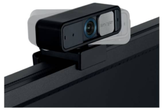 Webcam oben auf einem Monitor befestigt, mit drehbarer Linse für unterschiedliche Blickwinkel. Ideal für Videokonferenzen.