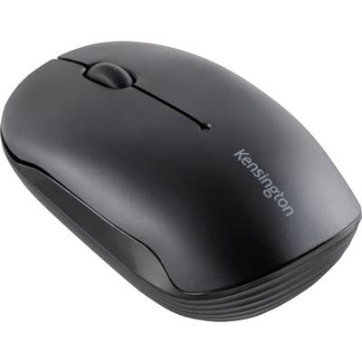 Eine schwarze Computermaus von Kensington mit zwei Tasten und einem Scrollrad liegt auf einer Oberfläche. Ideal für Bürozwecke.