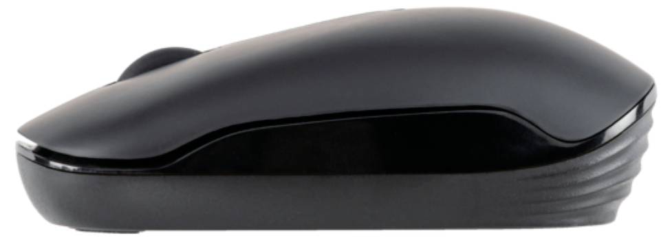 Schwarze, drahtlose Computermouse mit geschwungenem Design, seitlich betrachtet.