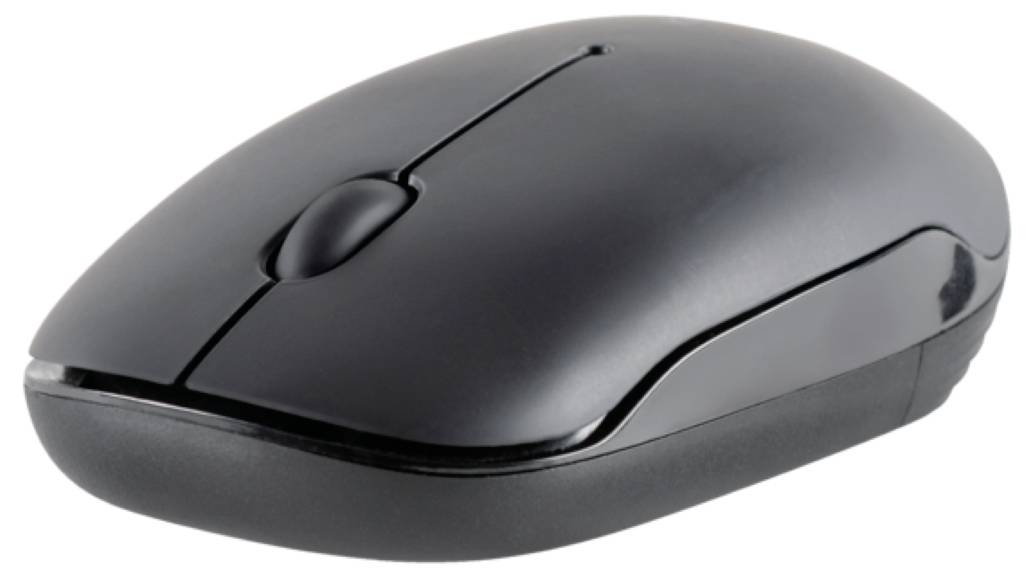 Eine schwarze, kabellose Computermaus auf weißem Hintergrund.