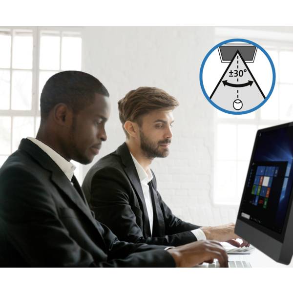 Zwei Personen arbeiten an einem Computer. Im Hintergrund ein Fenster, im Vordergrund ein Monitor. Kreisgrafik zeigt optimale Blickwinkel.
