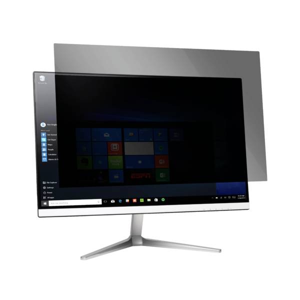Ein Computerbildschirm zeigt den Windows-Desktop. Ein Sichtschutzfilter ist teilweise über den Bildschirm gelegt, der den Inhalt abdunkelt und von der Seite unsichtbar macht.