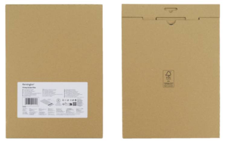 Zwei braune Verpackungen aus Karton. Links zeigt ein Etikett mit Informationen, rechts ist ein Symbol für Recycling zu sehen.