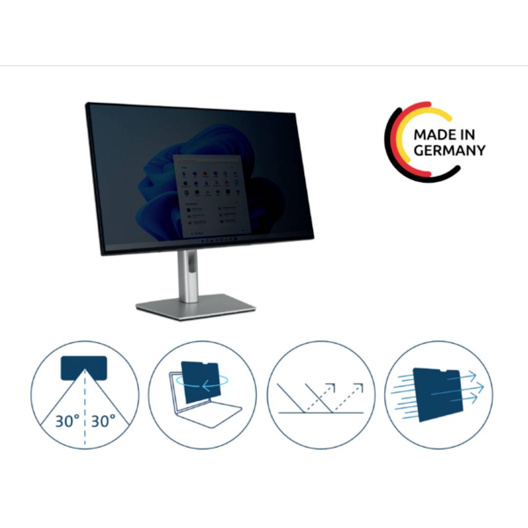 Ein Computerbildschirm mit einstellbarem Neigungswinkel. Text 'Made in Germany'. Diagramme zeigen den Einstellprozess und Blickwinkeloptionen.