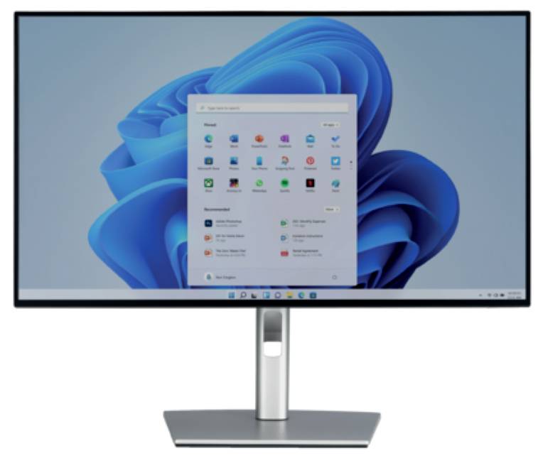 Ein Monitor zeigt den Desktop eines Computers mit dem Windows-Betriebssystem. Auf dem Bildschirm sind Icons und Ordner sichtbar.