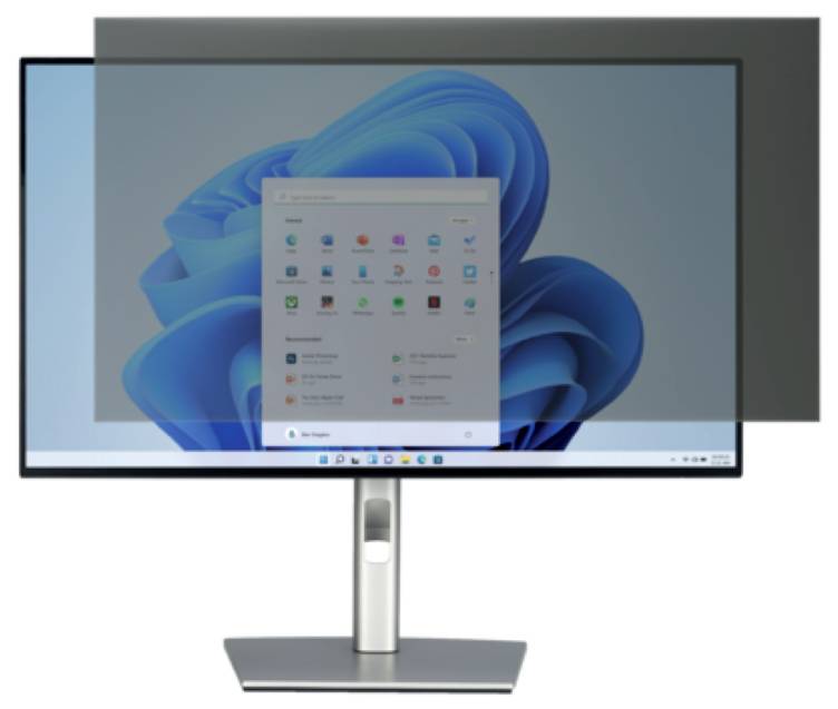 Ein Computerbildschirm mit Windows-Oberfläche zeigt das Startmenü über einem blauen Hintergrund mit dynamischem Designmuster.