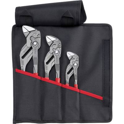 Drei verstellbare Zangen in einer schwarzen Stofftasche mit rotem Streifen, stehend in verschiedenen Größen von links nach rechts.