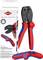 Crimpzange und Verpackung von KNIPEX, rot-blau, für Photovoltaikanlagen. Text auf Verpackung: 'KNIPEX Quality – Made in Germany'.