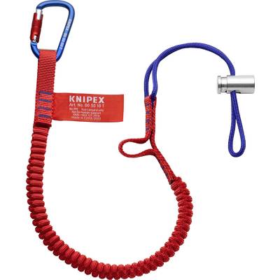 Rotes Sicherheitsseil mit Karabinerhaken und blauer Schlaufe. Etikett mit 'KNIPEX' Aufschrift. Für Werkzeugbefestigung und Absturzsicherung.