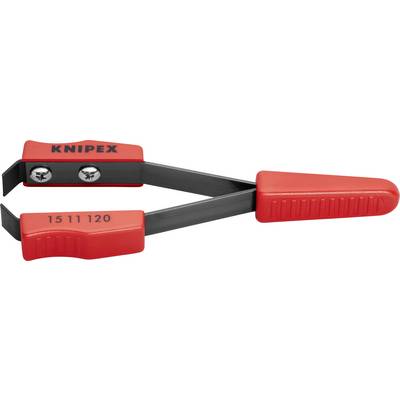 Eine rote Abisolierzange mit 'KNIPEX' Aufdruck, ergonomischen Griffen und metallischen Klingen zum Entfernen von Kabelisolierung.