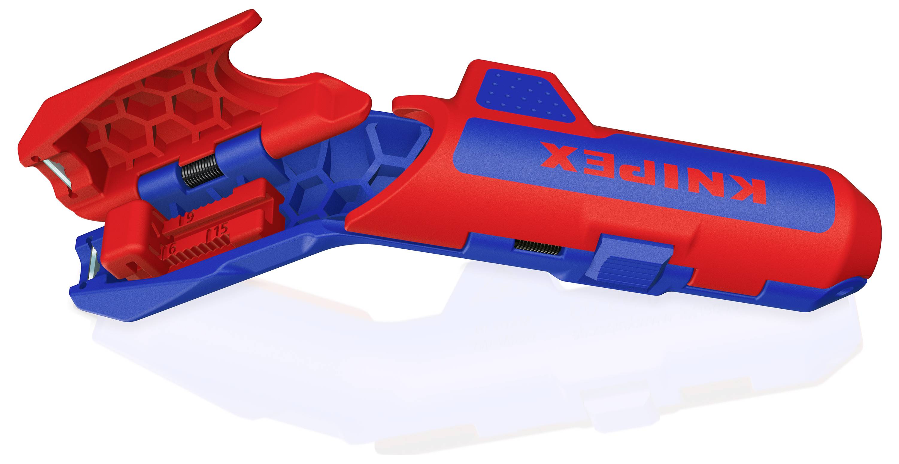 Ein rotes und blaues Kunststoffwerkzeug mit dem Schriftzug 'KNIPEX', das wie ein Rohrschneider aussieht.